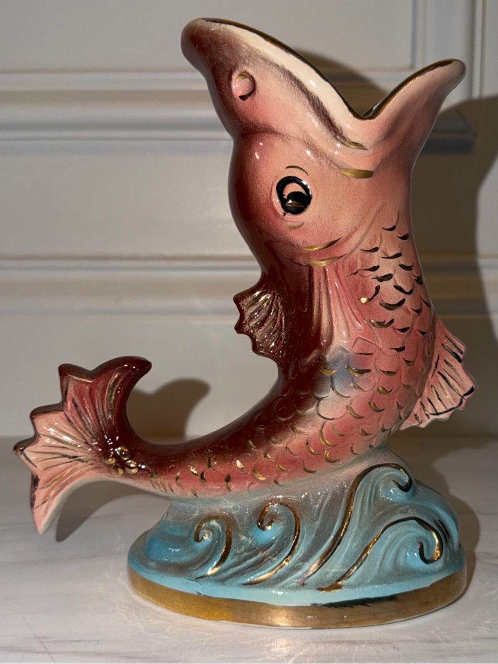 Vintage Ceramic Fish Vase with Blue Wave Base and Gold Accents